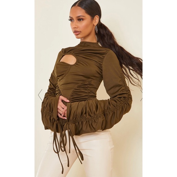 PrettyLittleThing Khaki Ruche Detail Long Sleeve Top - US8 - Picture 4 of 5